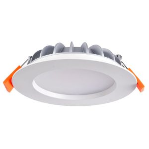 White round retrofit LED downlight recessed light fitting with diffuser slightly recessed into the body, orange rubbers on spring clips